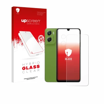 Vorderseite einer Produktverpackung mit dem Markenlogo upscreen. Daneben ist das Gerät Motorola Moto G06 (Display+Kamera) mit 