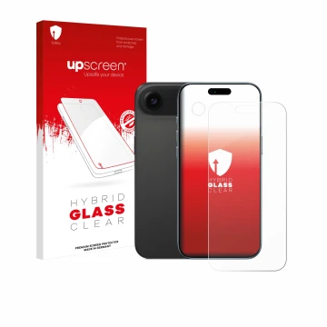 Vorderseite einer Produktverpackung mit dem Markenlogo upscreen. Daneben ist das Gerät Apple iPhone Air (Display+Kamera) mit d