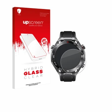 Vorderseite einer Produktverpackung mit dem Markenlogo upscreen. Daneben ist das Gerät Huawei Watch Ultimate 2 Black mit dem z