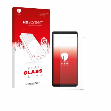 Vorderseite einer Produktverpackung mit dem Markenlogo upscreen. Daneben ist das Gerät Sony Xperia 10 VII mit dem zugehörigen 