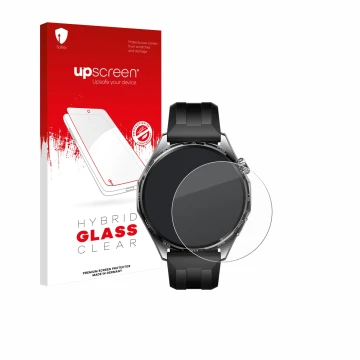 Vorderseite einer Produktverpackung mit dem Markenlogo upscreen. Daneben ist das Gerät Huawei Watch GT 6 (46 mm) mit dem zugeh