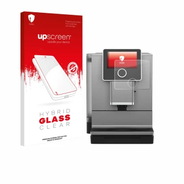 Vorderseite einer Produktverpackung mit dem Markenlogo upscreen. Daneben ist das Gerät Nivona NICR 970 mit dem zugehörigen Dis