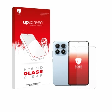 Vorderseite einer Produktverpackung mit dem Markenlogo upscreen. Daneben ist das Gerät Xiaomi 17 (Display+Kamera) mit dem zuge