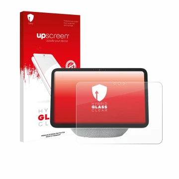 Vorderseite einer Produktverpackung mit dem Markenlogo upscreen. Daneben ist das Gerät Amazon Echo Show 11 2025 mit dem zugehö