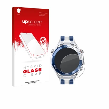 Vorderseite einer Produktverpackung mit dem Markenlogo upscreen. Daneben ist das Gerät Huawei Watch Ultimate 2 Blue mit dem zu