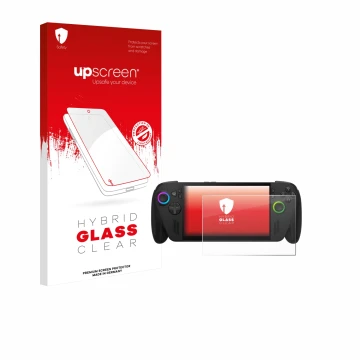 Vorderseite einer Produktverpackung mit dem Markenlogo upscreen. Daneben ist das Gerät ASUS ROG Ally X 2025 mit dem zugehörige