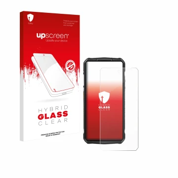 Vorderseite einer Produktverpackung mit dem Markenlogo upscreen. Daneben ist das Gerät Ulefone 29 pro mit dem zugehörigen Disp