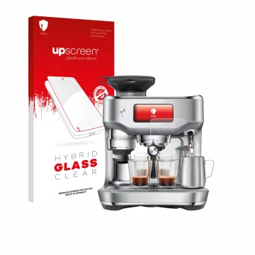 Vorderseite einer Produktverpackung mit dem Markenlogo upscreen. Daneben ist das Gerät Sage the Oracle Dual Boiler mit dem zug