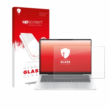 Vorderseite einer Produktverpackung mit dem Markenlogo upscreen. Daneben ist das Gerät HP OmniBook 5 14 mit dem zugehörigen Di