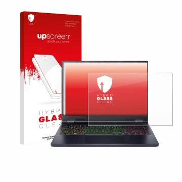 Vorderseite einer Produktverpackung mit dem Markenlogo upscreen. Daneben ist das Gerät Acer Predator Helios Neo 14 AI mit dem 