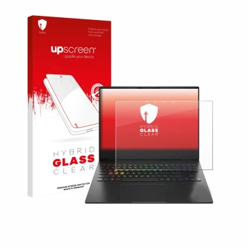 Vorderseite einer Produktverpackung mit dem Markenlogo upscreen. Daneben ist das Gerät HP Omen Transcend 16-u1000nl mit dem zu
