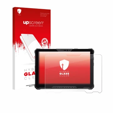 Vorderseite einer Produktverpackung mit dem Markenlogo upscreen. Daneben ist das Gerät Dell Pro Rugged 12 RA02260 mit dem zuge