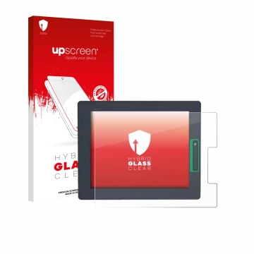 Vorderseite einer Produktverpackung mit dem Markenlogo upscreen. Daneben ist das Gerät Schneider-electric HMIDT542 mit dem zug