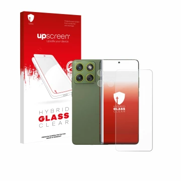 Vorderseite einer Produktverpackung mit dem Markenlogo upscreen. Daneben ist das Gerät Motorola Edge 70 (Display+Kamera) mit d