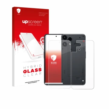 Vorderseite einer Produktverpackung mit dem Markenlogo upscreen. Daneben ist das Gerät Nothing Phone (3a) Lite (Display+Rückse