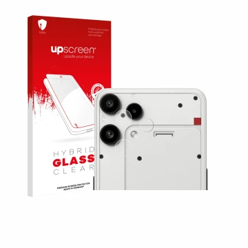 Vorderseite einer Produktverpackung mit dem Markenlogo upscreen. Daneben ist das Gerät Nothing Phone (3a) Lite (NUR Kameraschu