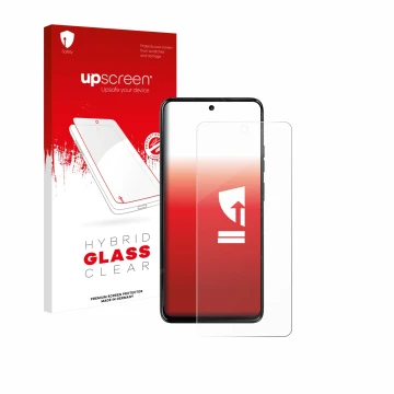 Vorderseite einer Produktverpackung mit dem Markenlogo upscreen. Daneben ist das Gerät Motorola Moto G67 Power mit dem zugehör