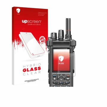 Vorderseite einer Produktverpackung mit dem Markenlogo upscreen. Daneben ist das Gerät Radtel RT-950 Pro mit dem zugehörigen D