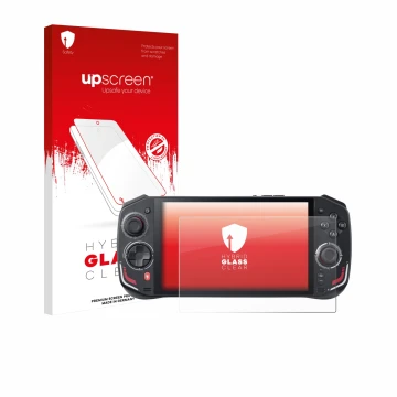 Vorderseite einer Produktverpackung mit dem Markenlogo upscreen. Daneben ist das Gerät Acer Nitro Blaze 7 mit dem zugehörigen 