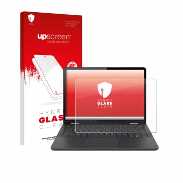 Vorderseite einer Produktverpackung mit dem Markenlogo upscreen. Daneben ist das Gerät Lenovo 13w Yoga Gen 2 mit dem zugehörig
