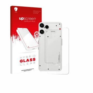 Vorderseite einer Produktverpackung mit dem Markenlogo upscreen. Daneben ist das Gerät Nothing Phone (3a) Lite (Rückseite) mit