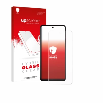 Vorderseite einer Produktverpackung mit dem Markenlogo upscreen. Daneben ist das Gerät Motorola Moto G57 Power mit dem zugehör