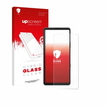 Vorderseite einer Produktverpackung mit dem Markenlogo upscreen. Daneben ist das Gerät Sony Xperia 10 VII (case-friendly) mit 
