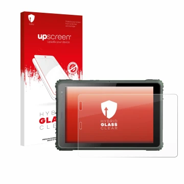 Vorderseite einer Produktverpackung mit dem Markenlogo upscreen. Daneben ist das Gerät Geshem MTK6877 mit dem zugehörigen Disp