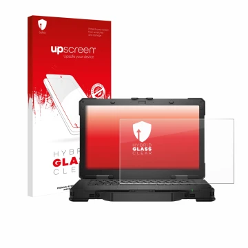 Vorderseite einer Produktverpackung mit dem Markenlogo upscreen. Daneben ist das Gerät Dell Pro Rugged 14 Laptop mit dem zugeh