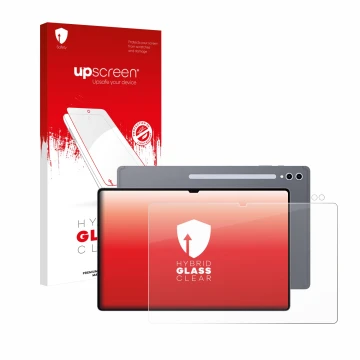 Vorderseite einer Produktverpackung mit dem Markenlogo upscreen. Daneben ist das Gerät Samsung Galaxy Tab S10 Ultra (Display+K