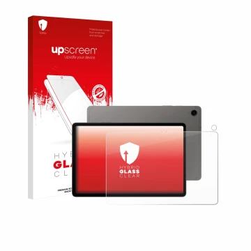 Vorderseite einer Produktverpackung mit dem Markenlogo upscreen. Daneben ist das Gerät Samsung Galaxy Tab S9 FE (Display+Kamer