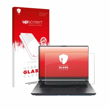 Vorderseite einer Produktverpackung mit dem Markenlogo upscreen. Daneben ist das Gerät ASUS ROG Strix G16 2025 mit dem zugehör