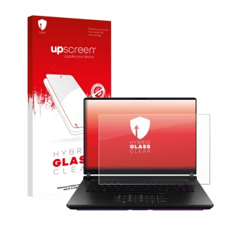 Vorderseite einer Produktverpackung mit dem Markenlogo upscreen. Daneben ist das Gerät ASUS ROG Strix SCAR 18 2025 mit dem zug