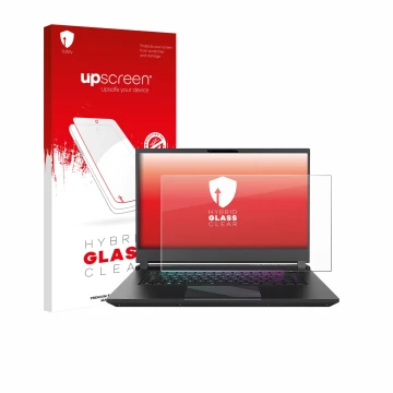 Vorderseite einer Produktverpackung mit dem Markenlogo upscreen. Daneben ist das Gerät Gigabyte AORUS 15 2024 mit dem zugehöri