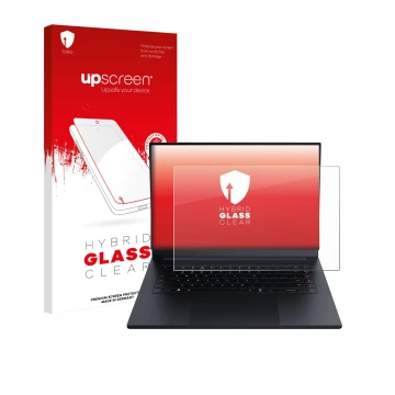 Vorderseite einer Produktverpackung mit dem Markenlogo upscreen. Daneben ist das Gerät Razer Blade 16 2025 mit dem zugehörigen