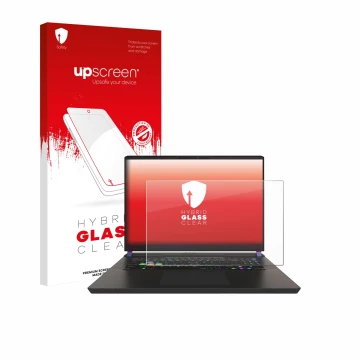 Vorderseite einer Produktverpackung mit dem Markenlogo upscreen. Daneben ist das Gerät MSI Vector 17 HX mit dem zugehörigen Di