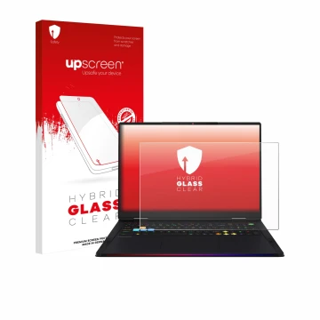 Vorderseite einer Produktverpackung mit dem Markenlogo upscreen. Daneben ist das Gerät MSI Raider 18 HX AI 2025 mit dem zugehö