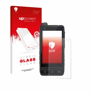 Vorderseite einer Produktverpackung mit dem Markenlogo upscreen. Daneben ist das Gerät Uniwa F400 mit dem zugehörigen Displays