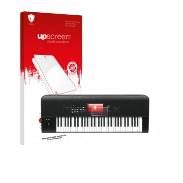 Vorderseite einer Produktverpackung mit dem Markenlogo upscreen. Daneben ist das Gerät KORG Nautilus 61 mit dem zugehörigen Di