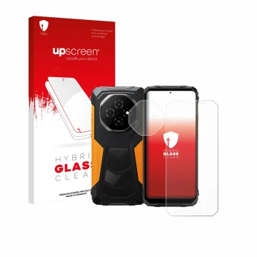 Vorderseite einer Produktverpackung mit dem Markenlogo upscreen. Daneben ist das Gerät Blackview Fort 1 (Display+Kamera) mit d