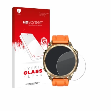 Vorderseite einer Produktverpackung mit dem Markenlogo upscreen. Daneben ist das Gerät Doogee Anywise W1 mit dem zugehörigen D