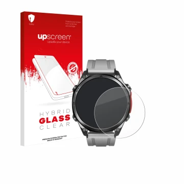 Vorderseite einer Produktverpackung mit dem Markenlogo upscreen. Daneben ist das Gerät Doogee Anywise W1 Pro mit dem zugehörig