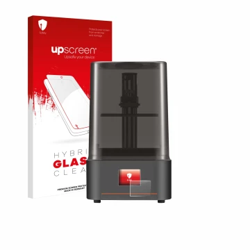 Vorderseite einer Produktverpackung mit dem Markenlogo upscreen. Daneben ist das Gerät Anycubic Photon Mono 4 mit dem zugehöri