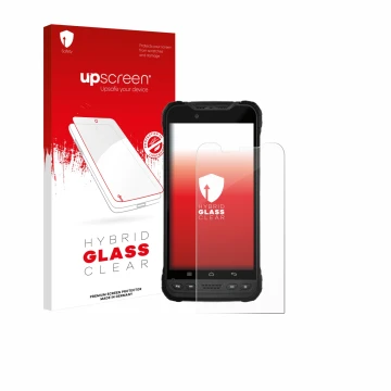 Vorderseite einer Produktverpackung mit dem Markenlogo upscreen. Daneben ist das Gerät Zebra Xplore M60 mit dem zugehörigen Di