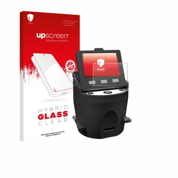 Vorderseite einer Produktverpackung mit dem Markenlogo upscreen. Daneben ist das Gerät Kodak SCANZA mit dem zugehörigen Displa