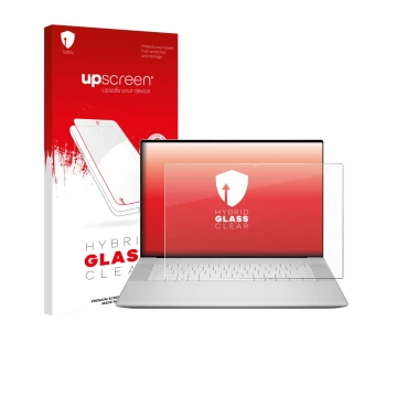 Vorderseite einer Produktverpackung mit dem Markenlogo upscreen. Daneben ist das Gerät Dell 16 Premium Laptop mit dem zugehöri