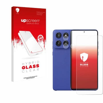 Vorderseite einer Produktverpackung mit dem Markenlogo upscreen. Daneben ist das Gerät Motorola Edge 60 Stylus (Display+Kamera