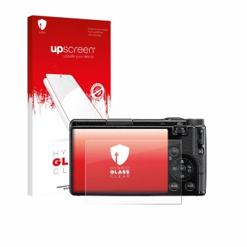 Vorderseite einer Produktverpackung mit dem Markenlogo upscreen. Daneben ist das Gerät Ricoh GR IV HDF 2025 mit dem zugehörige
