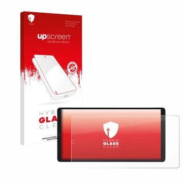 Vorderseite einer Produktverpackung mit dem Markenlogo upscreen. Daneben ist das Gerät Shelly Wall Display X2i mit dem zugehör