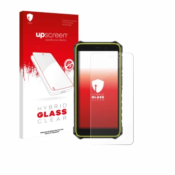 Vorderseite einer Produktverpackung mit dem Markenlogo upscreen. Daneben ist das Gerät Ulefone RugKing 2 Pro mit dem zugehörig